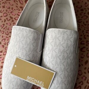 Michael Kors White & Light Gray Logo Slip-On Flats